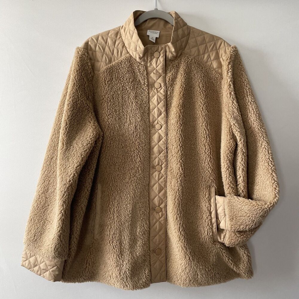 Chico's Weekends Sherpa Fleece Quilted Snap Front Jacket Beige Sz 4, US 2XL-(C)